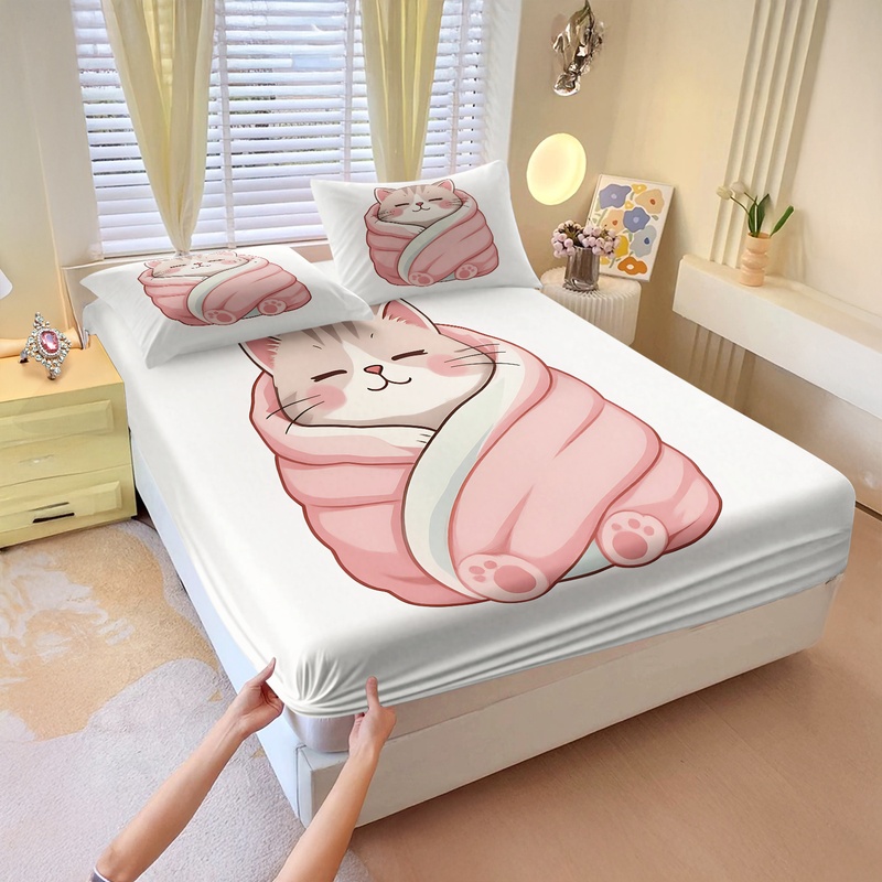 Cute Cat Print Fitted Sheet Se - огляд і ціна Fitted Sheet Deep