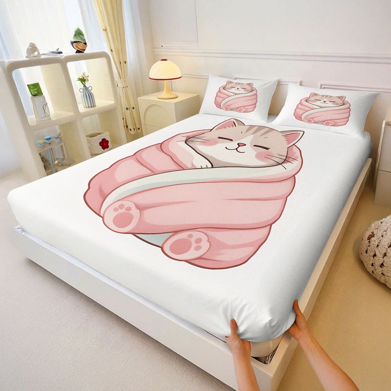 Cute Cat Print Fitted Sheet Se - огляд і ціна Fitted Sheet Deep