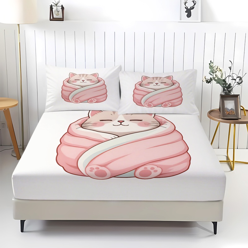Cute Cat Print Fitted Sheet Se - огляд і ціна Fitted Sheet Deep