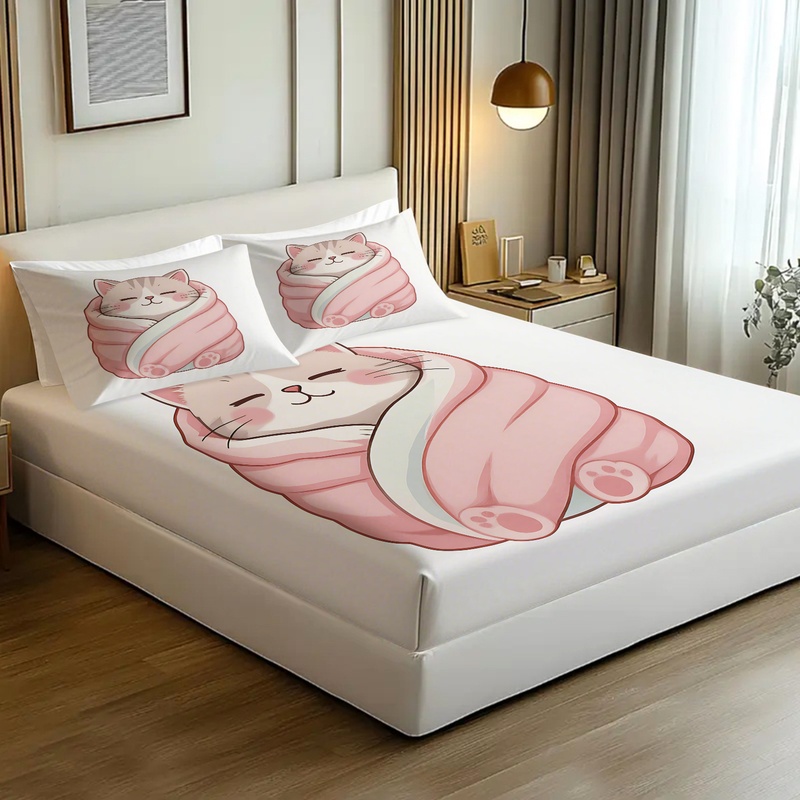 Cute Cat Print Fitted Sheet Se - огляд і ціна Fitted Sheet Deep